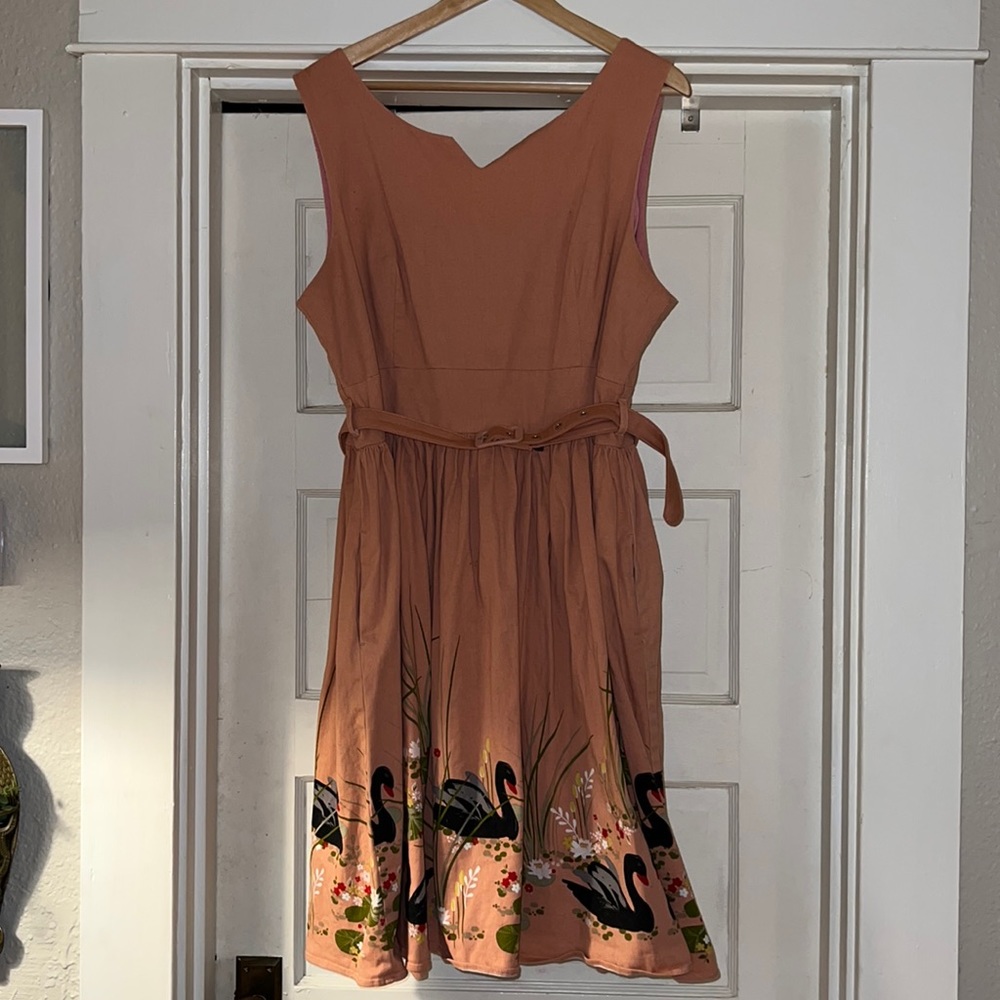 Lindy Bop Rust Midi Dress with Black Swan Print